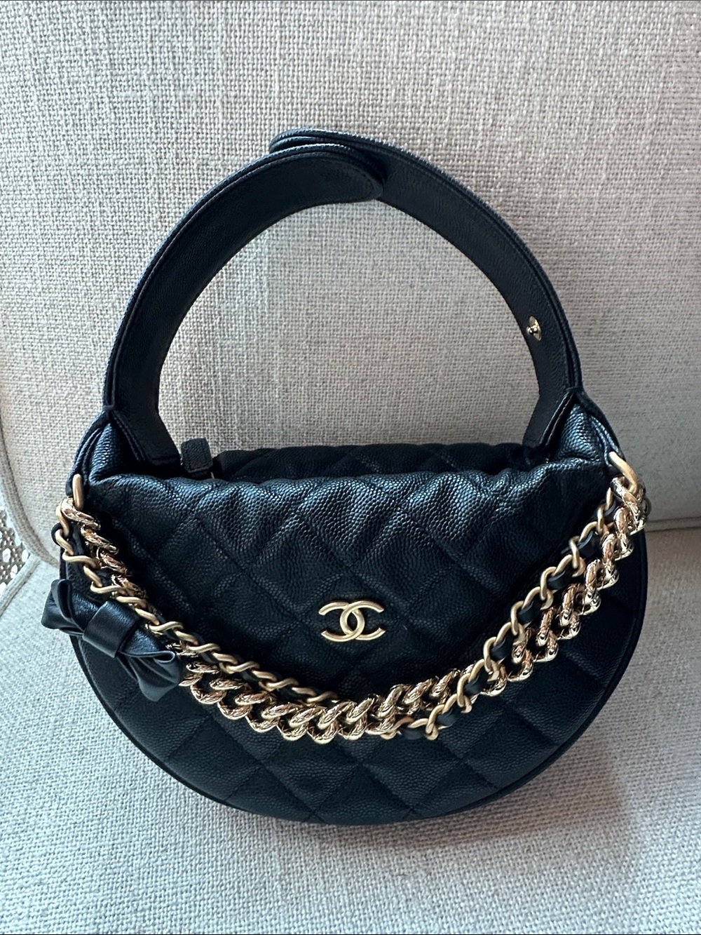CHANEL Black Quilted Crescent Shoulder Bag with Gold Chain